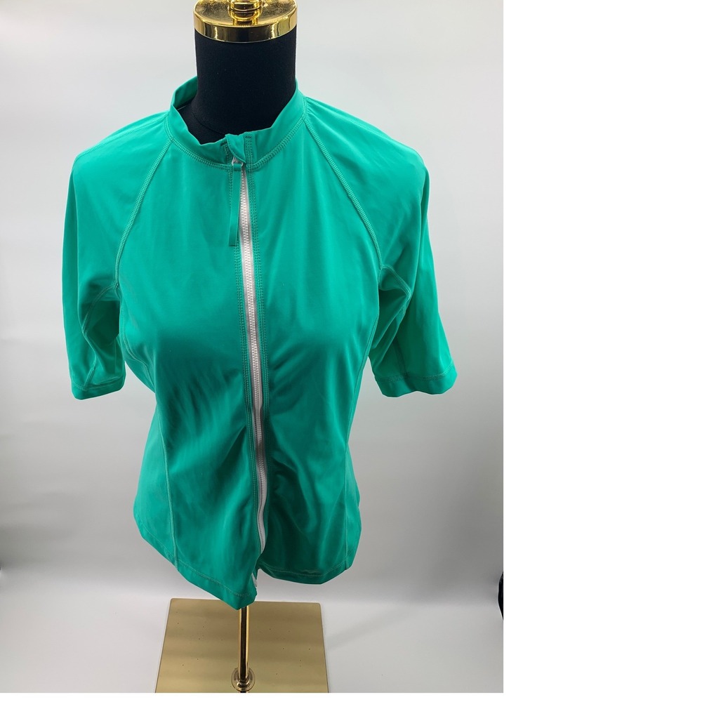 Lands End Womens Rash Guard Swim Top Green Full Zip Short Sleeve Mock Neck M